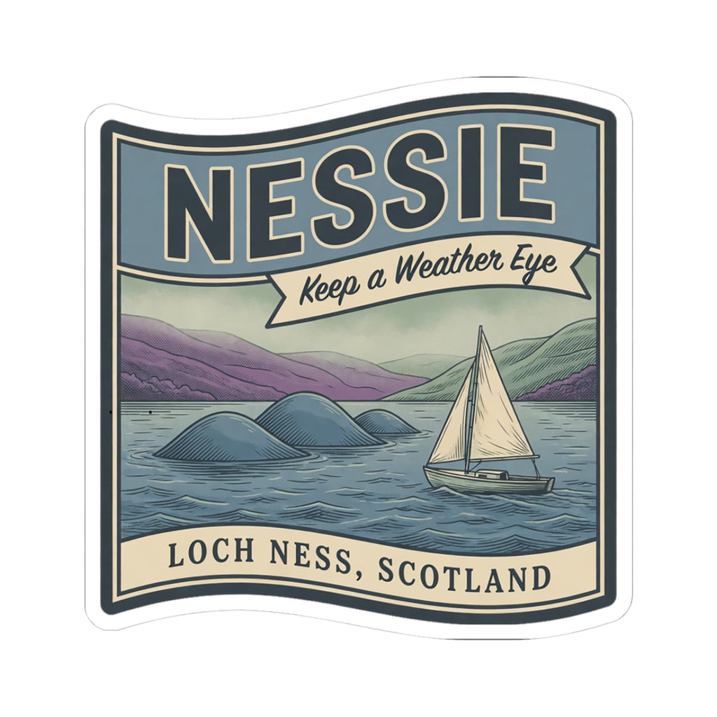 Square Loch Ness Scotland sticker with Nessie, sailboat, and vintage lake landscape