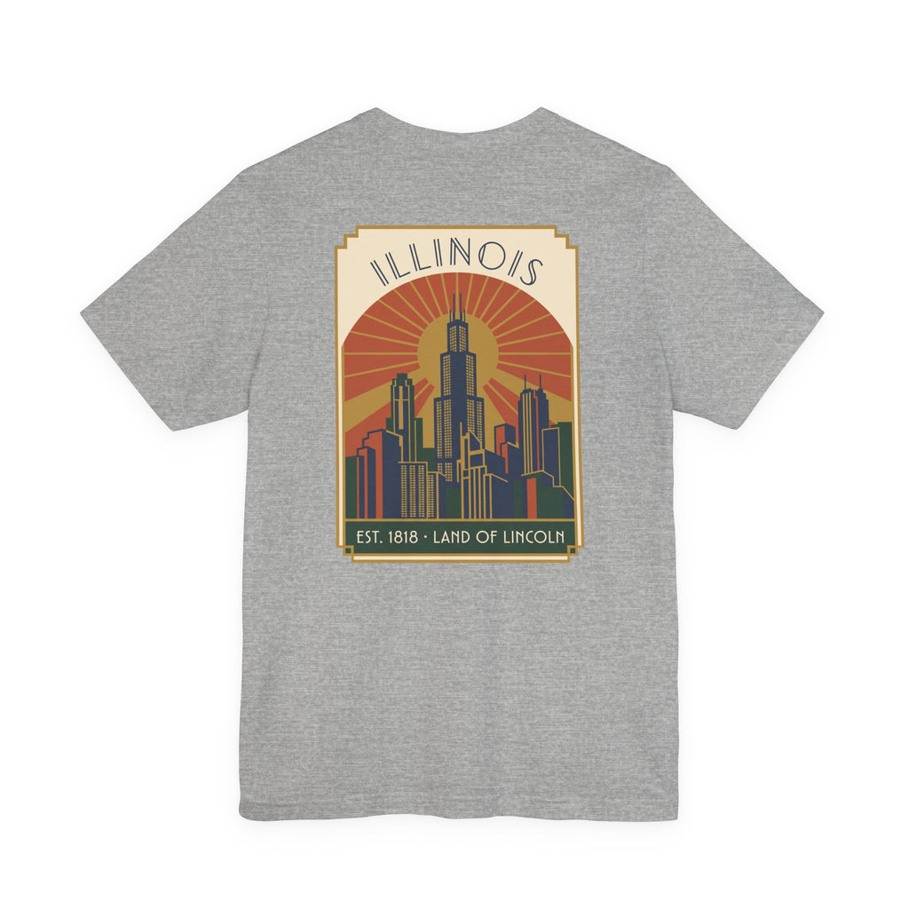 Heather gray art deco T-shirt with Illinois skyline graphic and retro sunset badge
