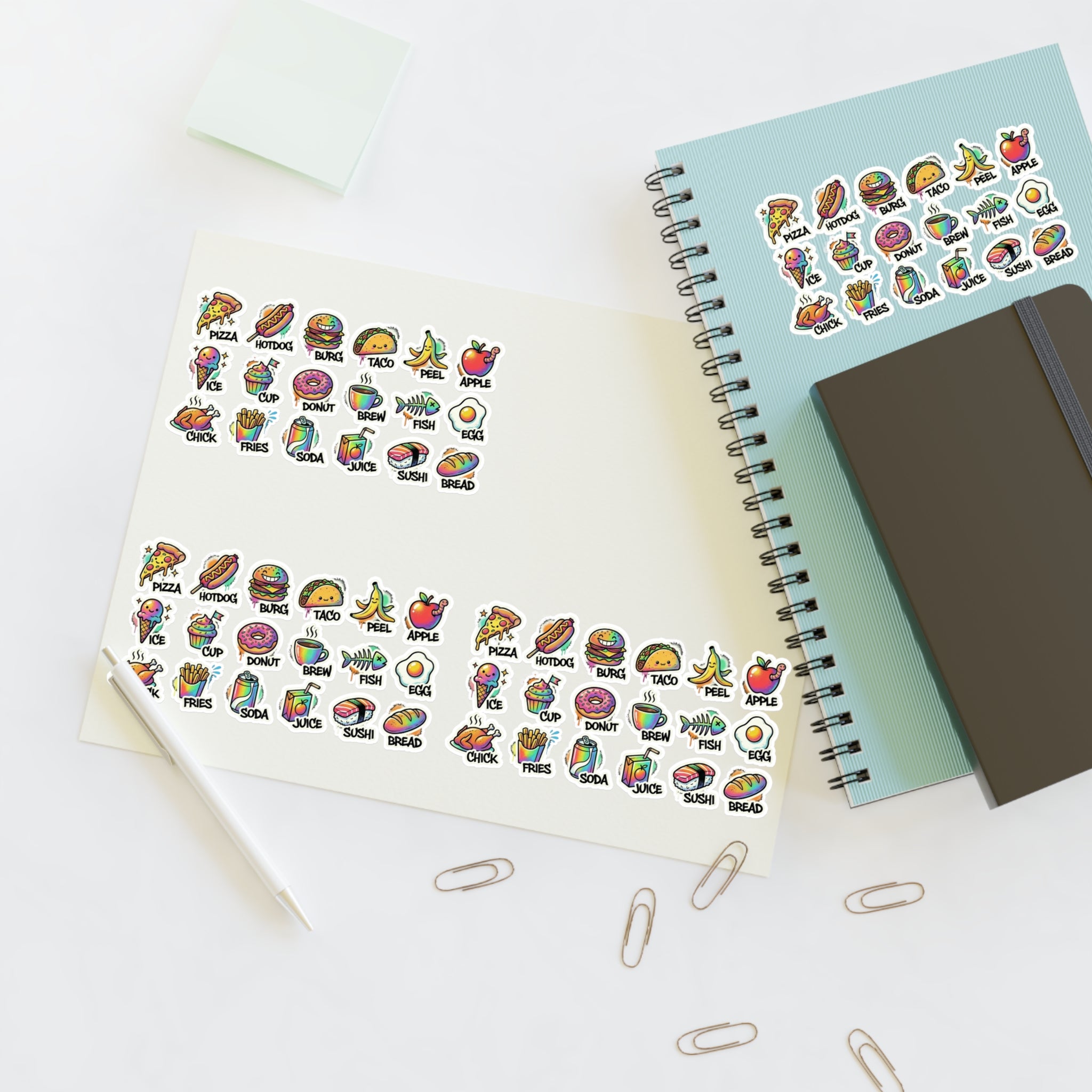 Die-cut food icon stickers on paper: pizza, donut, soda, fish, egg