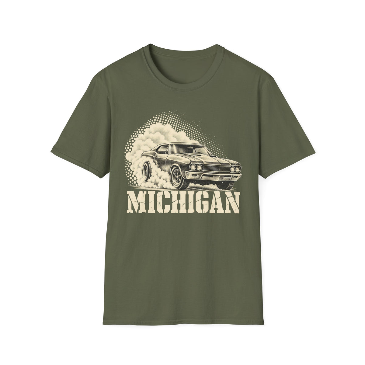 Olive green T-shirt with vintage car graphic and “MICHIGAN” text print