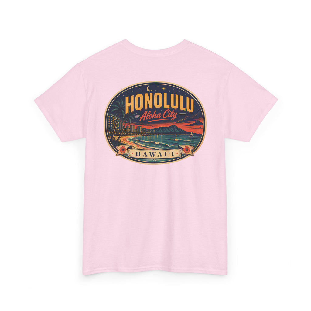 Light pink T-shirt with circular HONOLULU Aloha City graphic on front