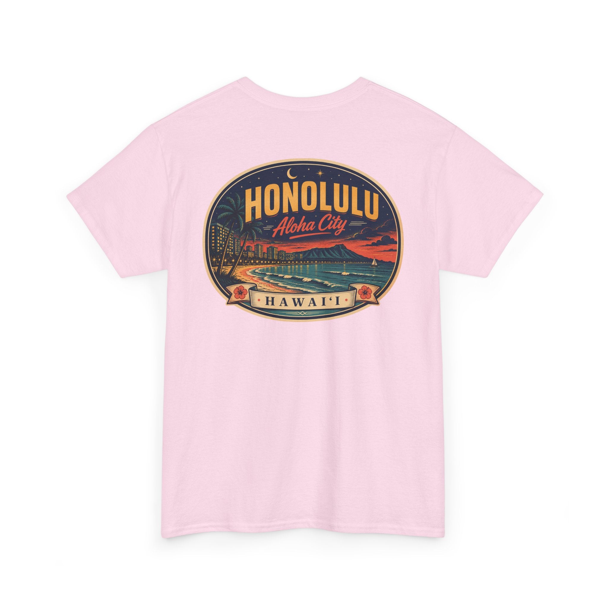Light pink T-shirt with circular HONOLULU Aloha City graphic on front