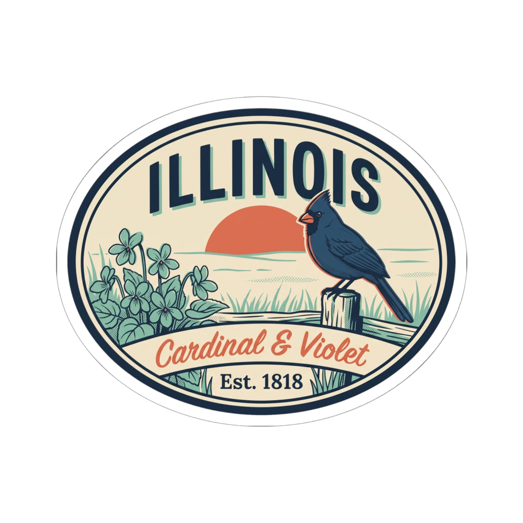 Oval vinyl sticker decal featuring Illinois typography, cardinal bird, and Cardinal & Violet banner
