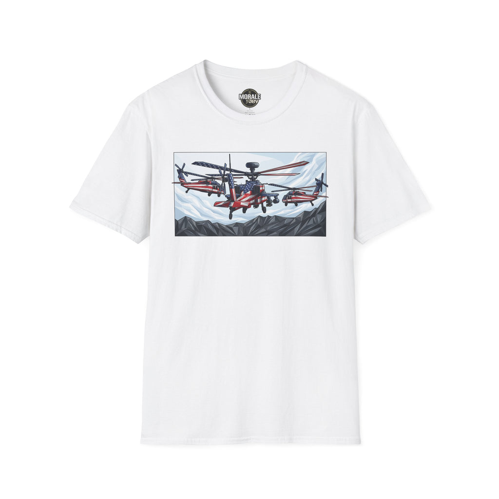 White T-shirt with attack helicopter graphic on chest