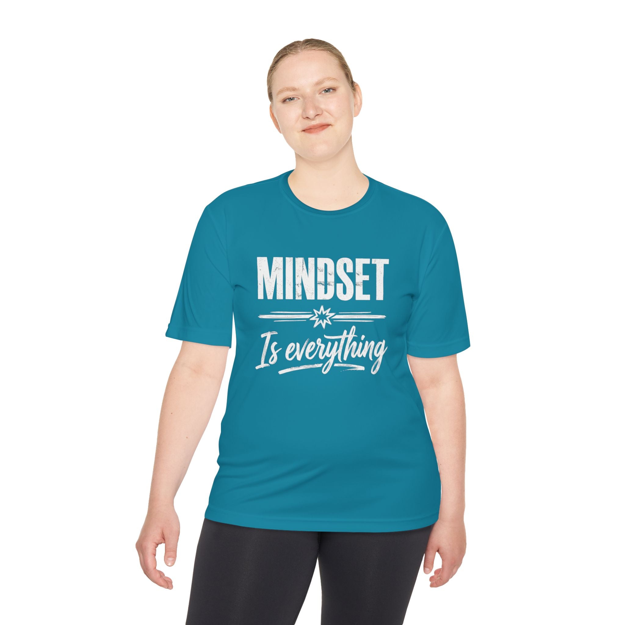 Mindset Is Everything T-shirt in teal, front graphic with white motivational text.