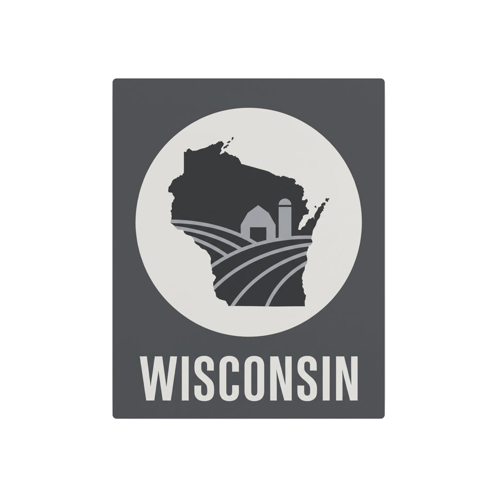 Wisconsin metal wall plaque with circular emblem, farm silhouette, and WISCONSIN lettering