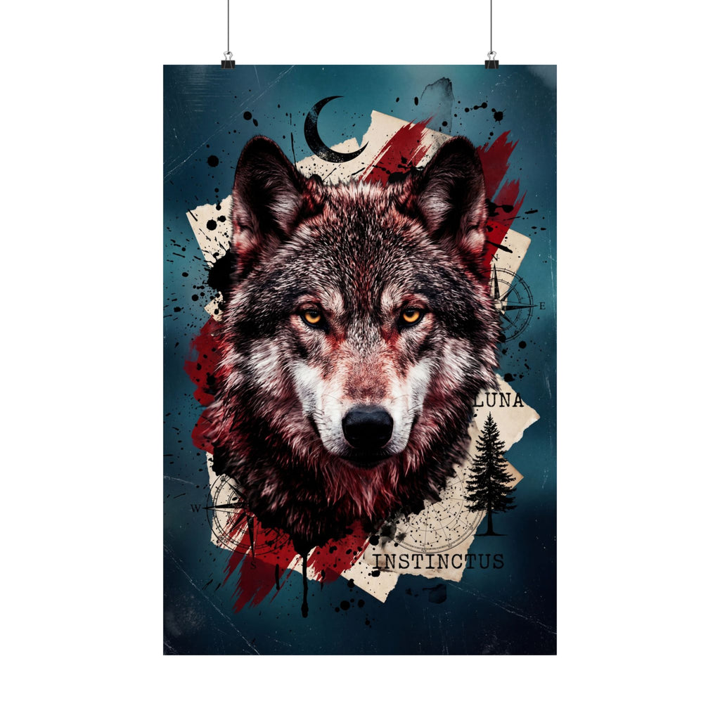 Wolf-Wandkunst-Print mit Trash-Polka Stil, düsteres Wildlife-Motiv, Schwarz, Rot, Teal