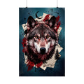Wolf-Wandkunst-Print mit Trash-Polka Stil, düsteres Wildlife-Motiv, Schwarz, Rot, Teal