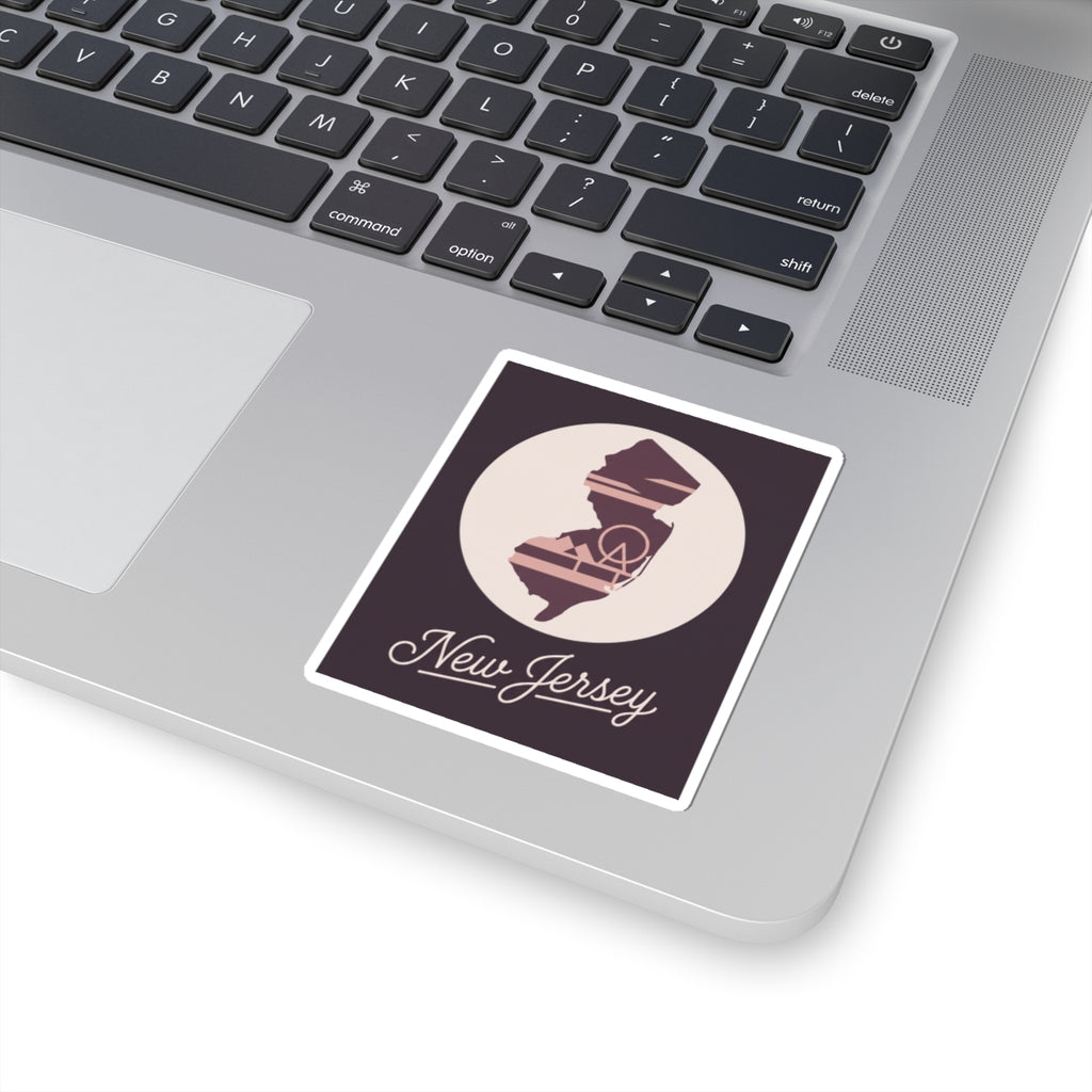 Square kiss-cut New Jersey sticker with state silhouette and cursive “New Jersey”