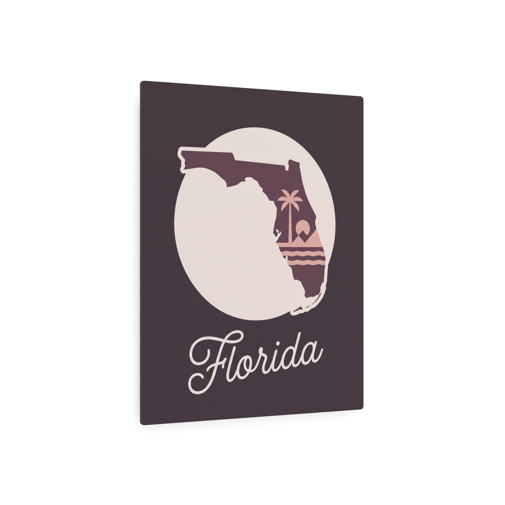 Dark purple square metal wall art with circular Florida silhouette and cursive Florida text