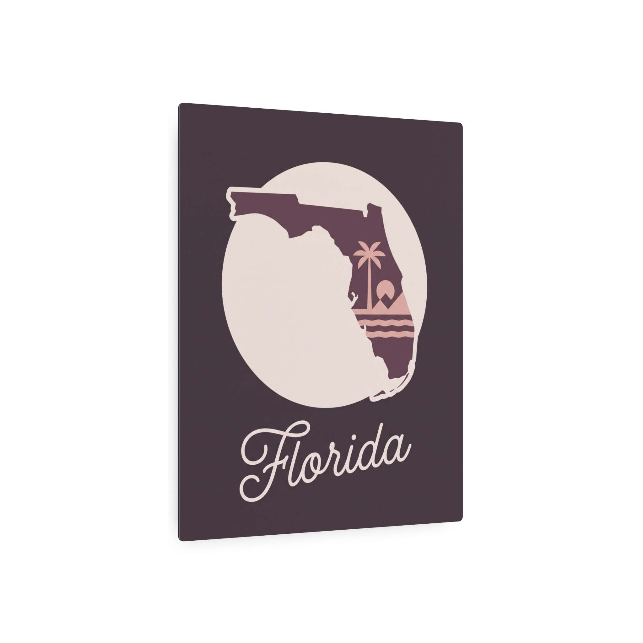 Dark purple square metal wall art with circular Florida silhouette and cursive Florida text