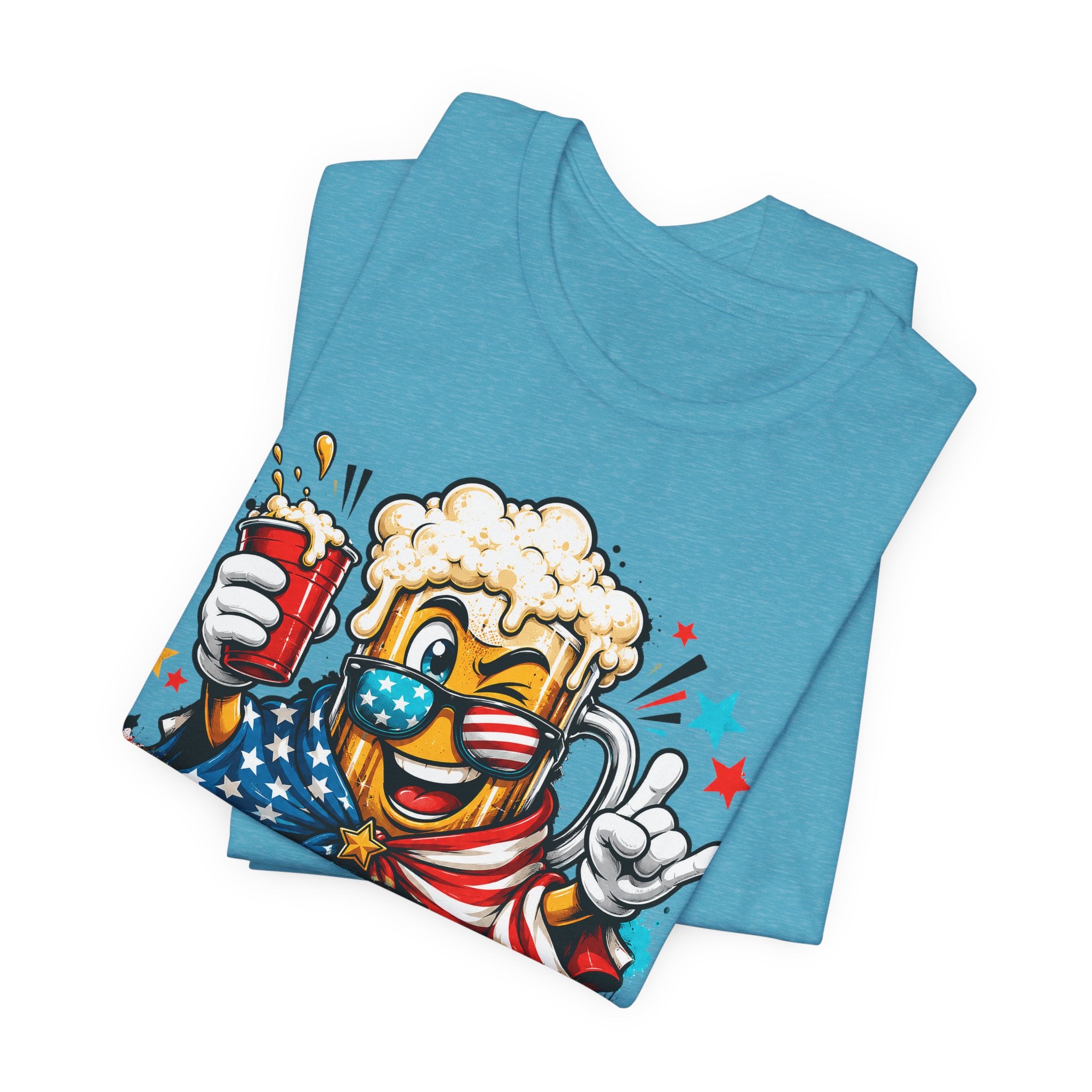 Heather aqua T-shirt with beer mascot patriotic graphic