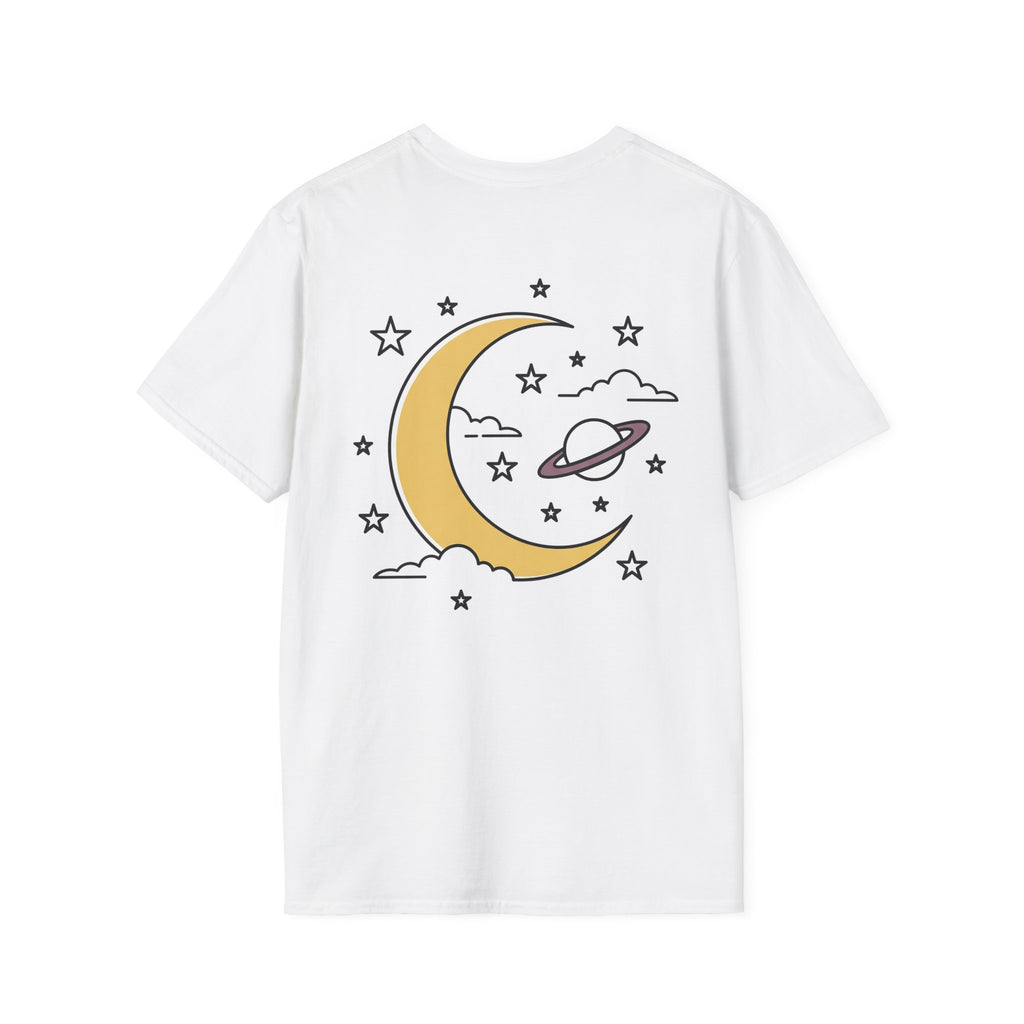 White unisex T-shirt with yellow crescent moon, planet ring, and small star graphic