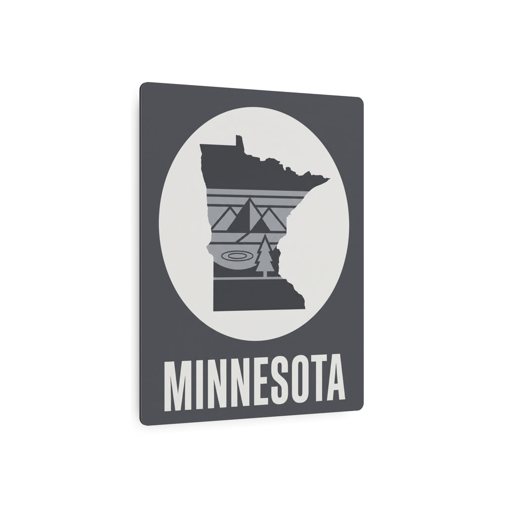 Minnesota metal silhouette wall sign with dark gray frame, white circle, state shape and “MINNESOTA”.