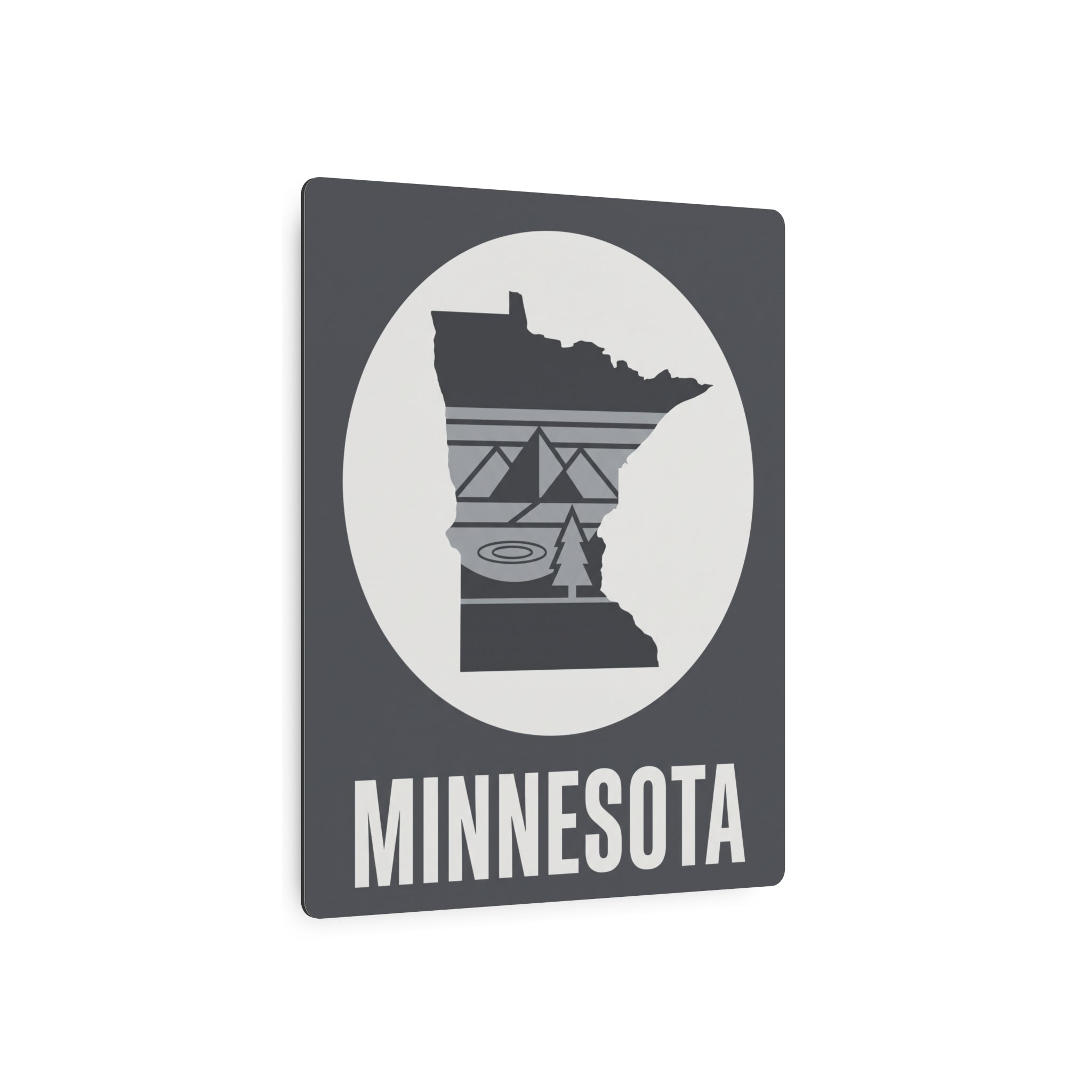 Minnesota metal silhouette wall sign with dark gray frame, white circle, state shape and “MINNESOTA”.