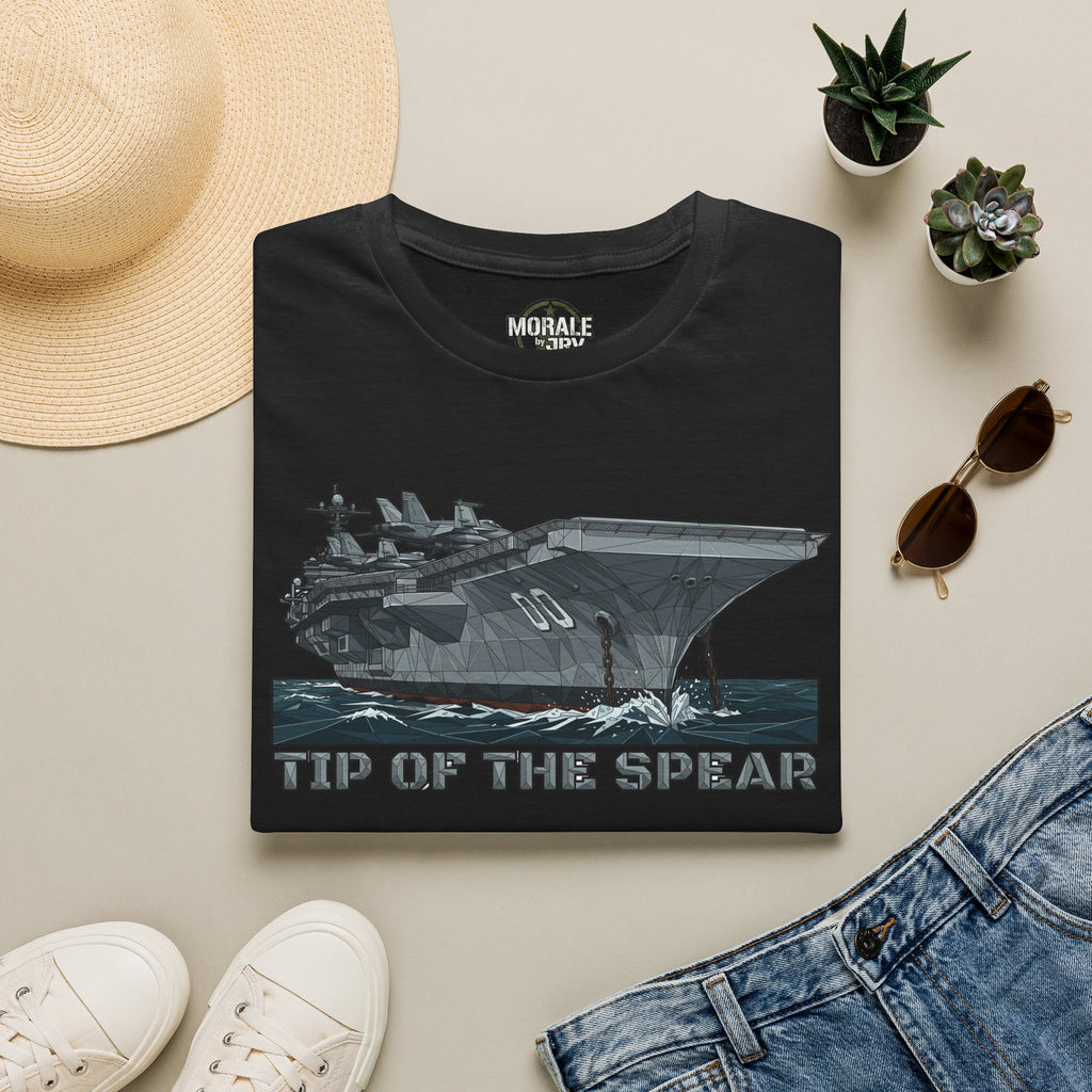 Black crew-neck T-shirt with aircraft carrier graphic and "TIP OF THE SPEAR" print
