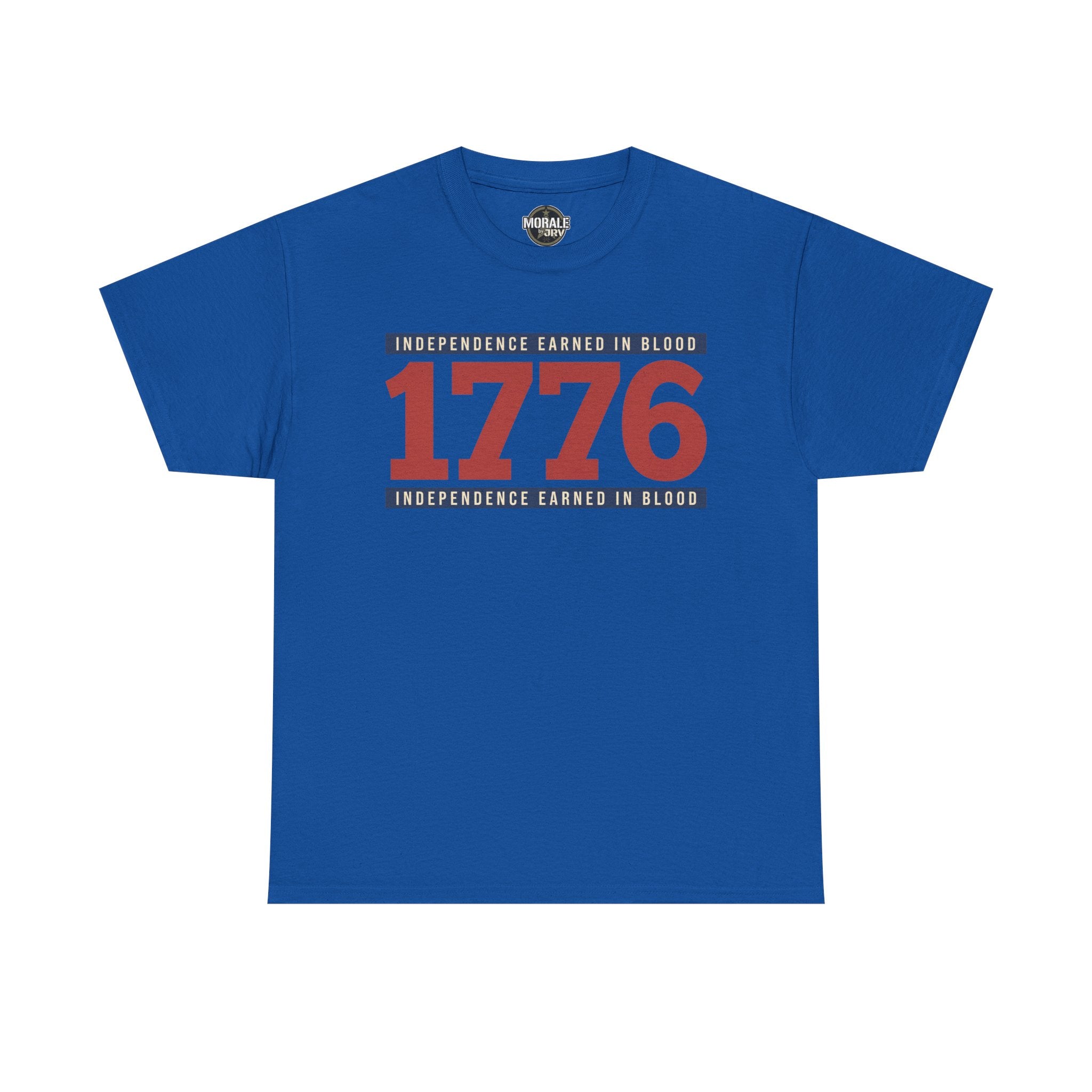 Royal blue graphic t-shirt with “1776” Independence earned in blood print