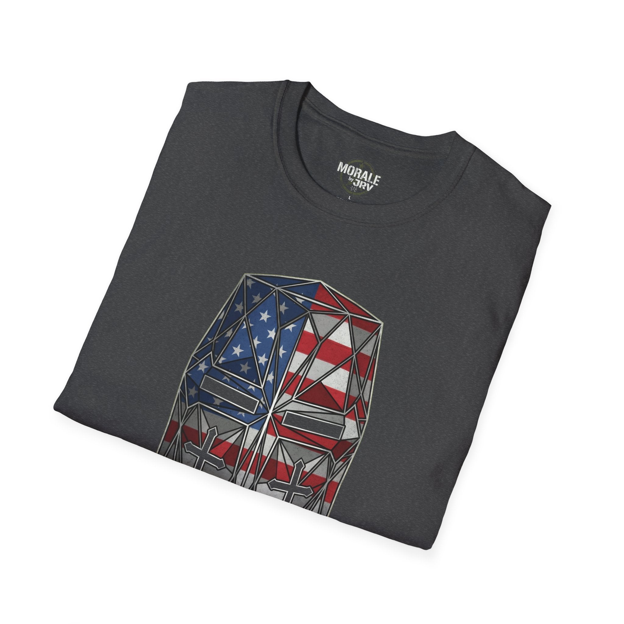 Dark heather T-shirt with flag cube knight graphic on front