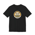 Black T-shirt with round gremlin badge graphic on center chest
