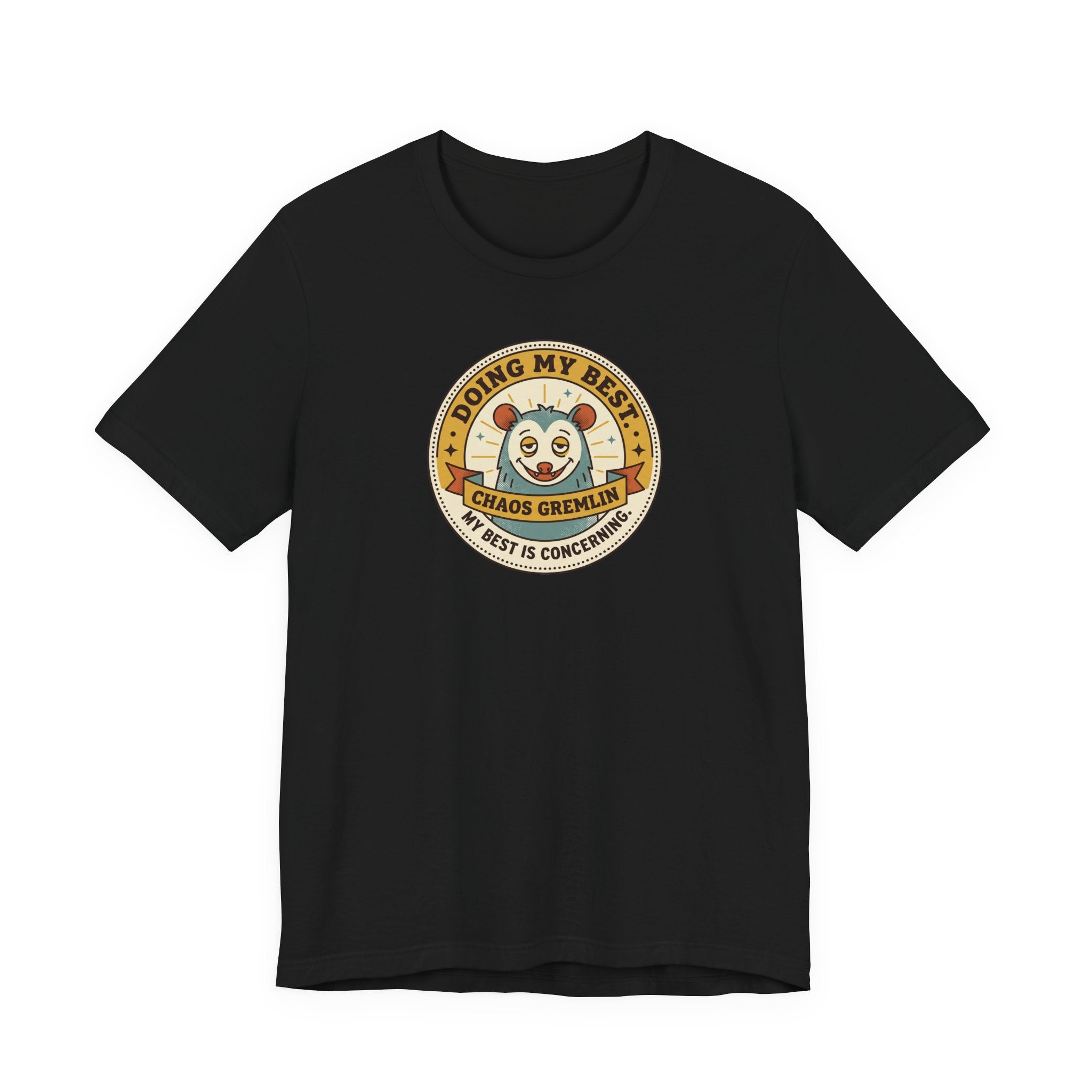 Black T-shirt with round gremlin badge graphic on center chest