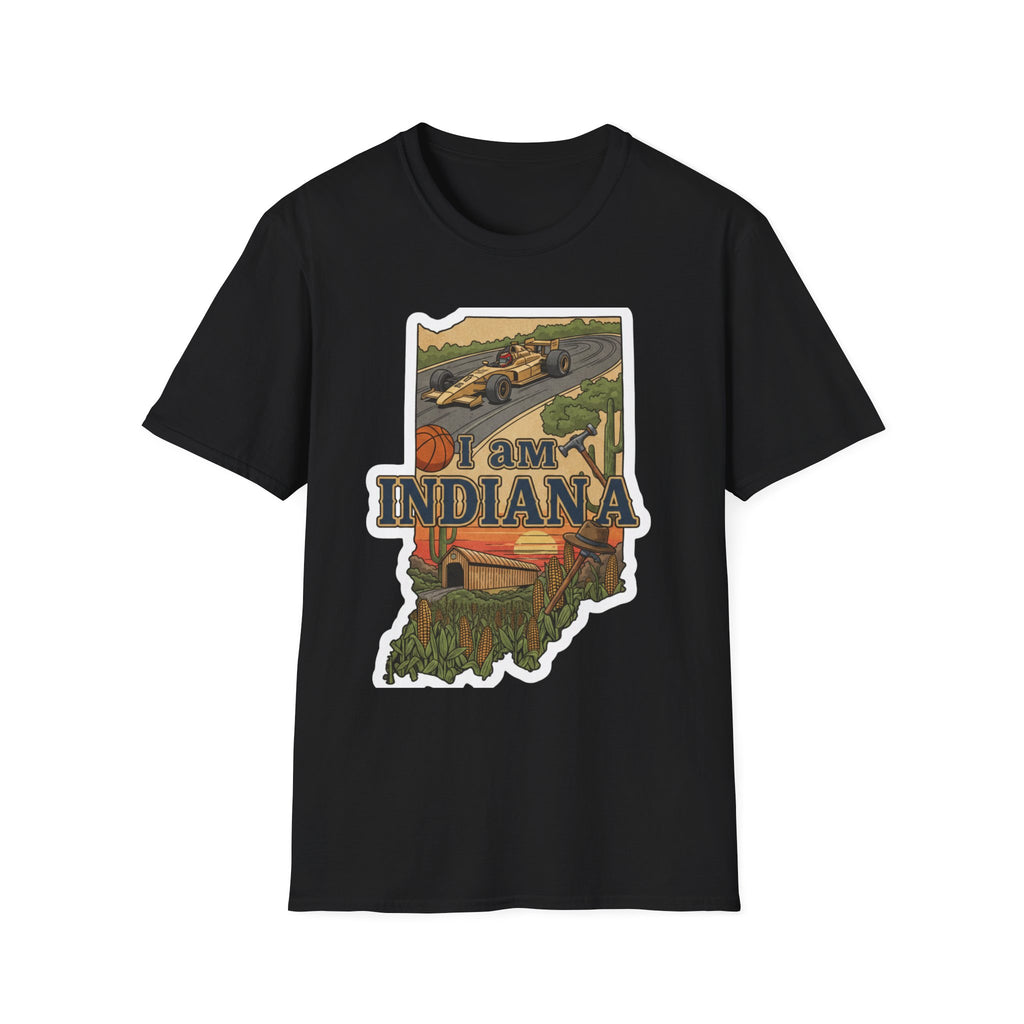 Black I Am Indiana T-shirt with Indiana outline graphic featuring race car and basketball