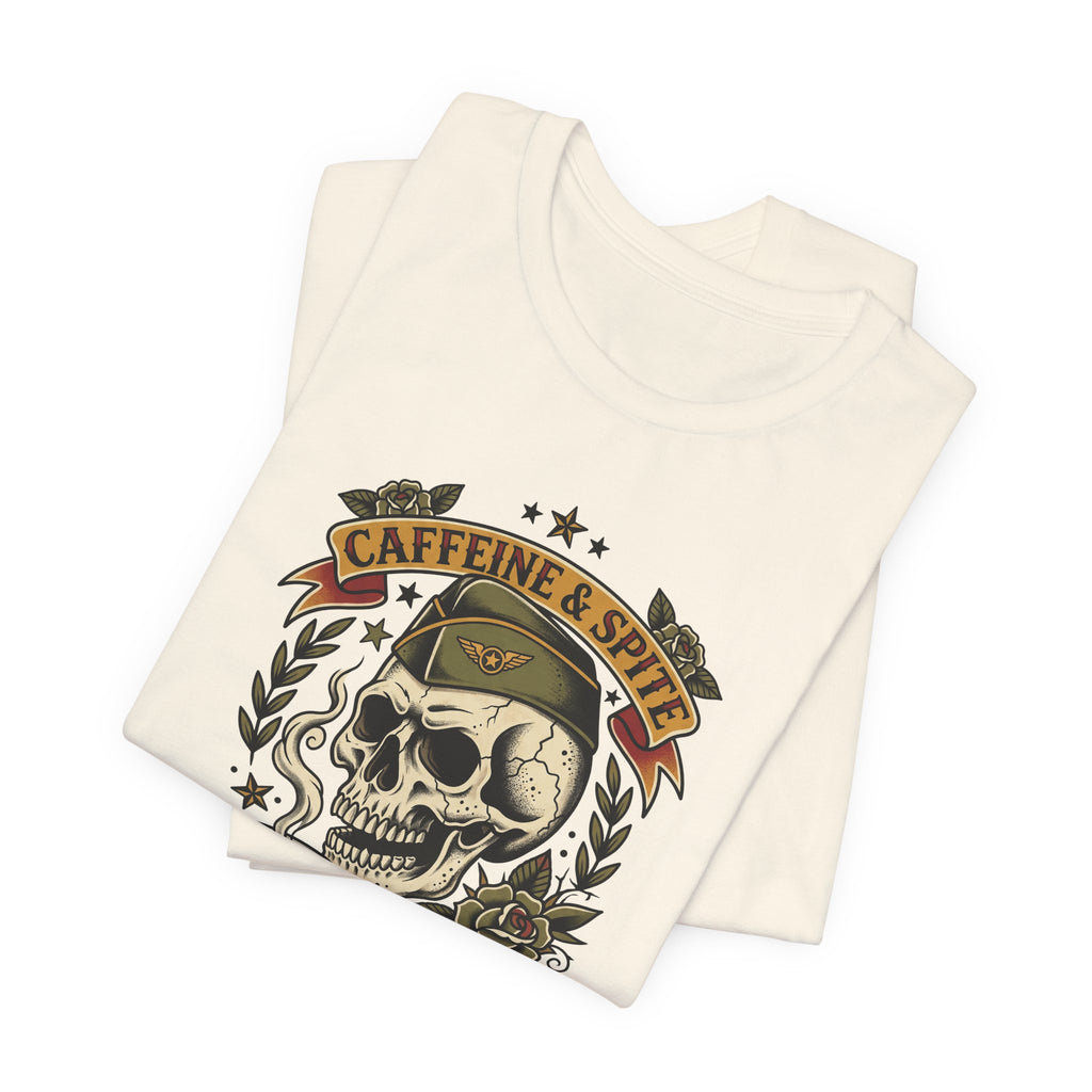 Ivory T-shirt with skull, coffee cup, and “Caffeine & Spite” graphic