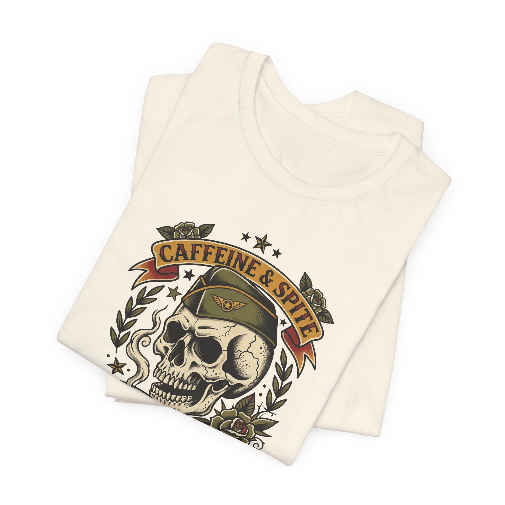 Ivory T-shirt with skull, coffee cup, and “Caffeine & Spite” graphic