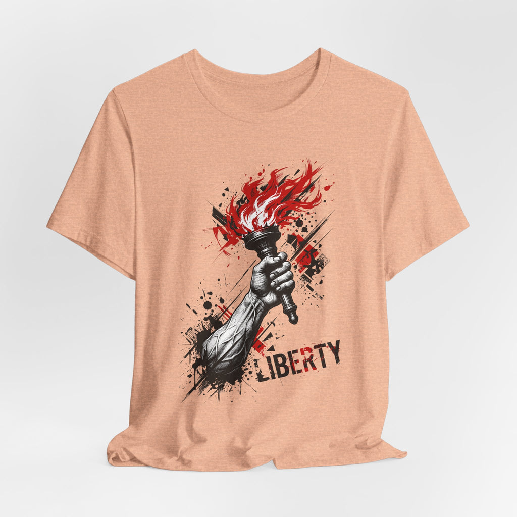 Peach crewneck T-shirt with Liberty word and red flame torch graphic.