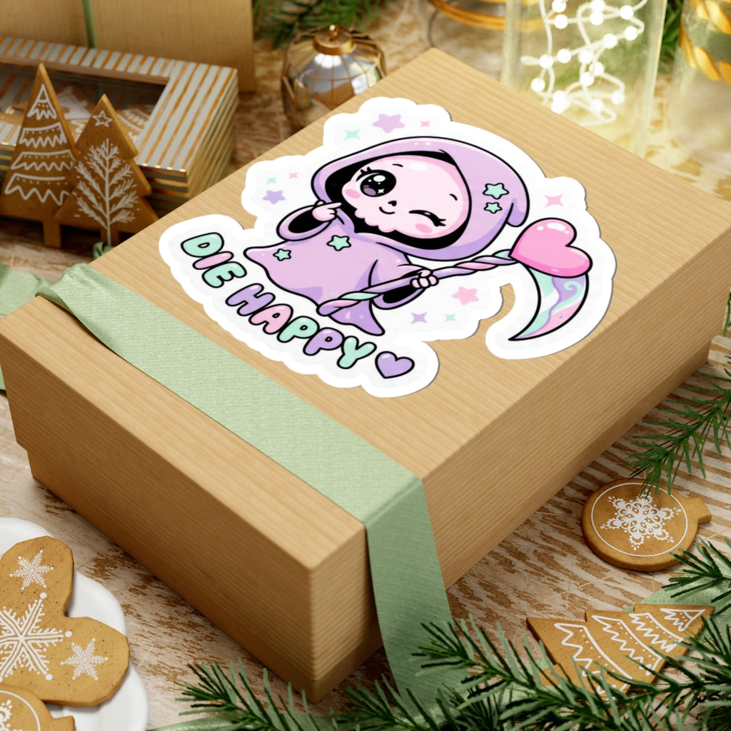 Cute grim reaper kiss-cut sticker: purple character holding a pink heart, “Die Happy”