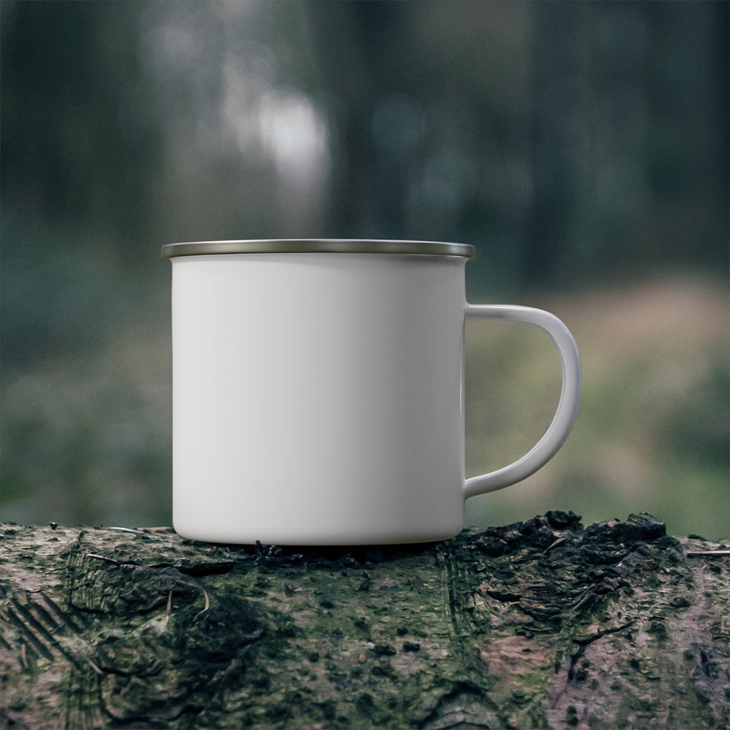 Enamel camping mug with silver rim and white handle