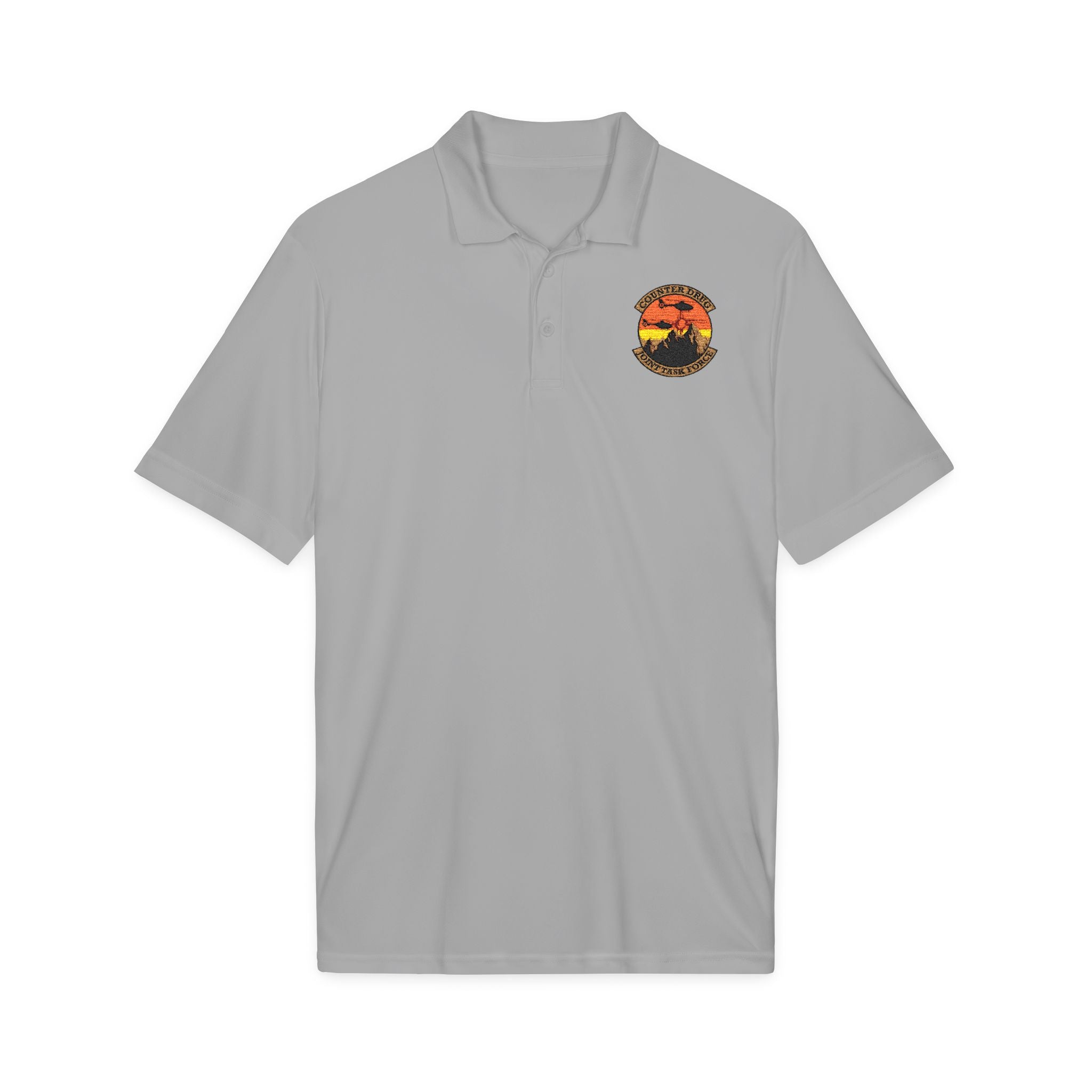 Light gray polo shirt with embroidered crest on chest, short sleeves, button placket