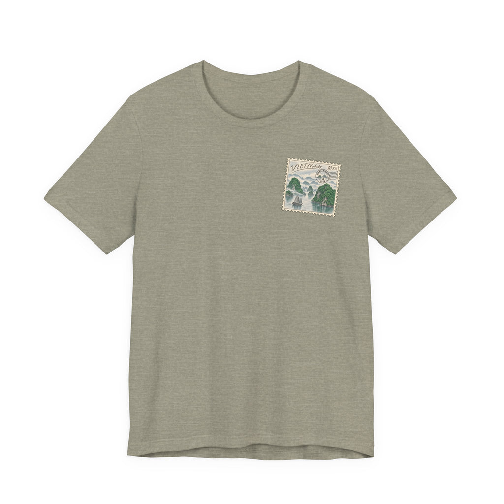 Light gray-beige travel t-shirt with small vintage postage stamp-style Ha Long Bay graphic on chest.