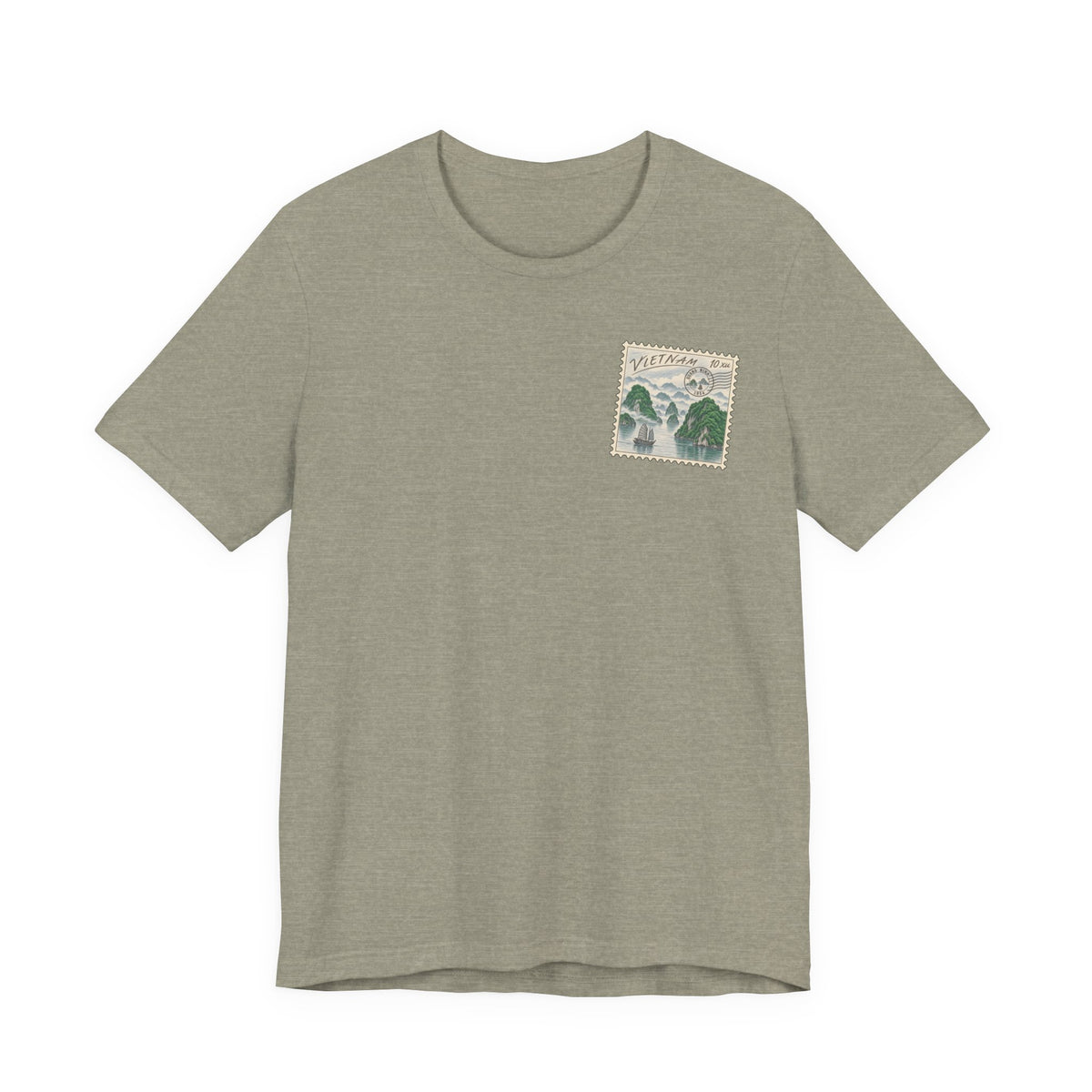 Light gray-beige travel t-shirt with small vintage postage stamp-style Ha Long Bay graphic on chest.