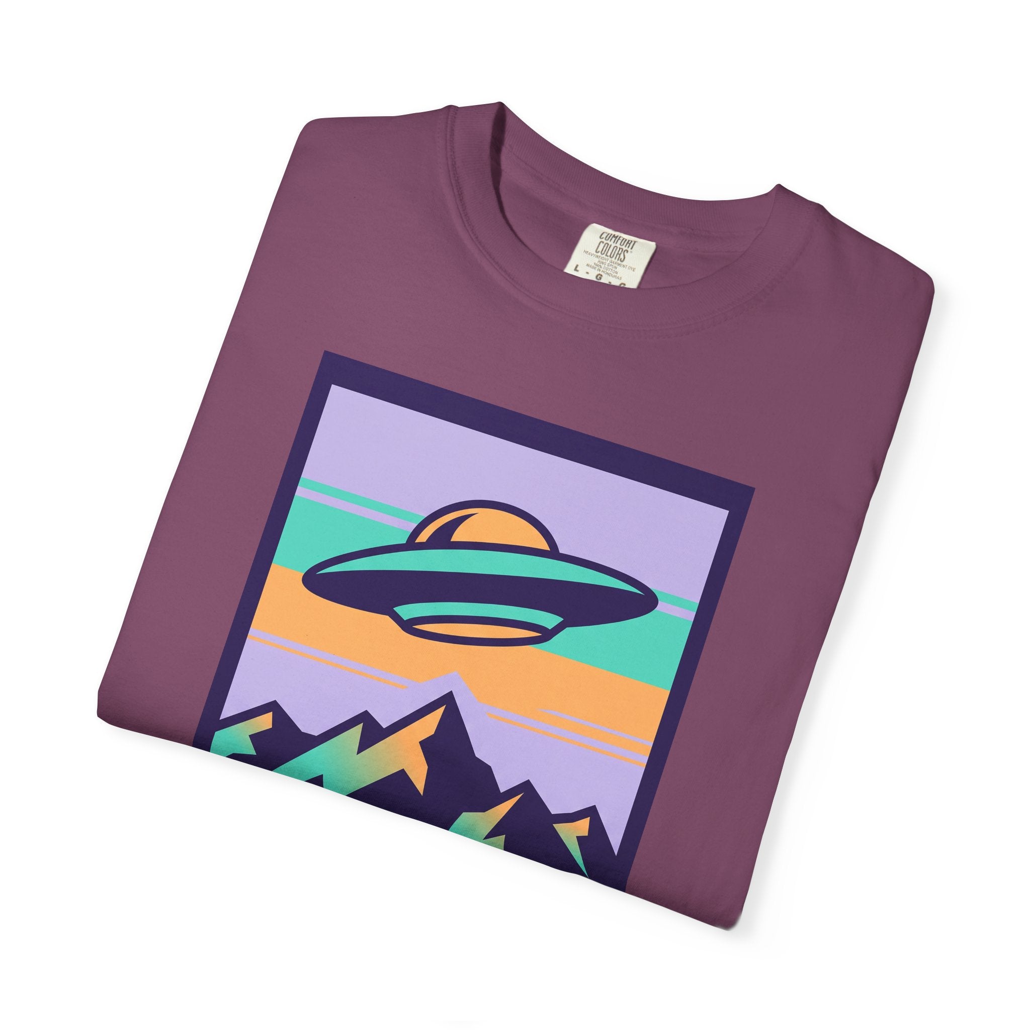 Plum T-shirt with UFO and mountains 'Visit Earth' graphic
