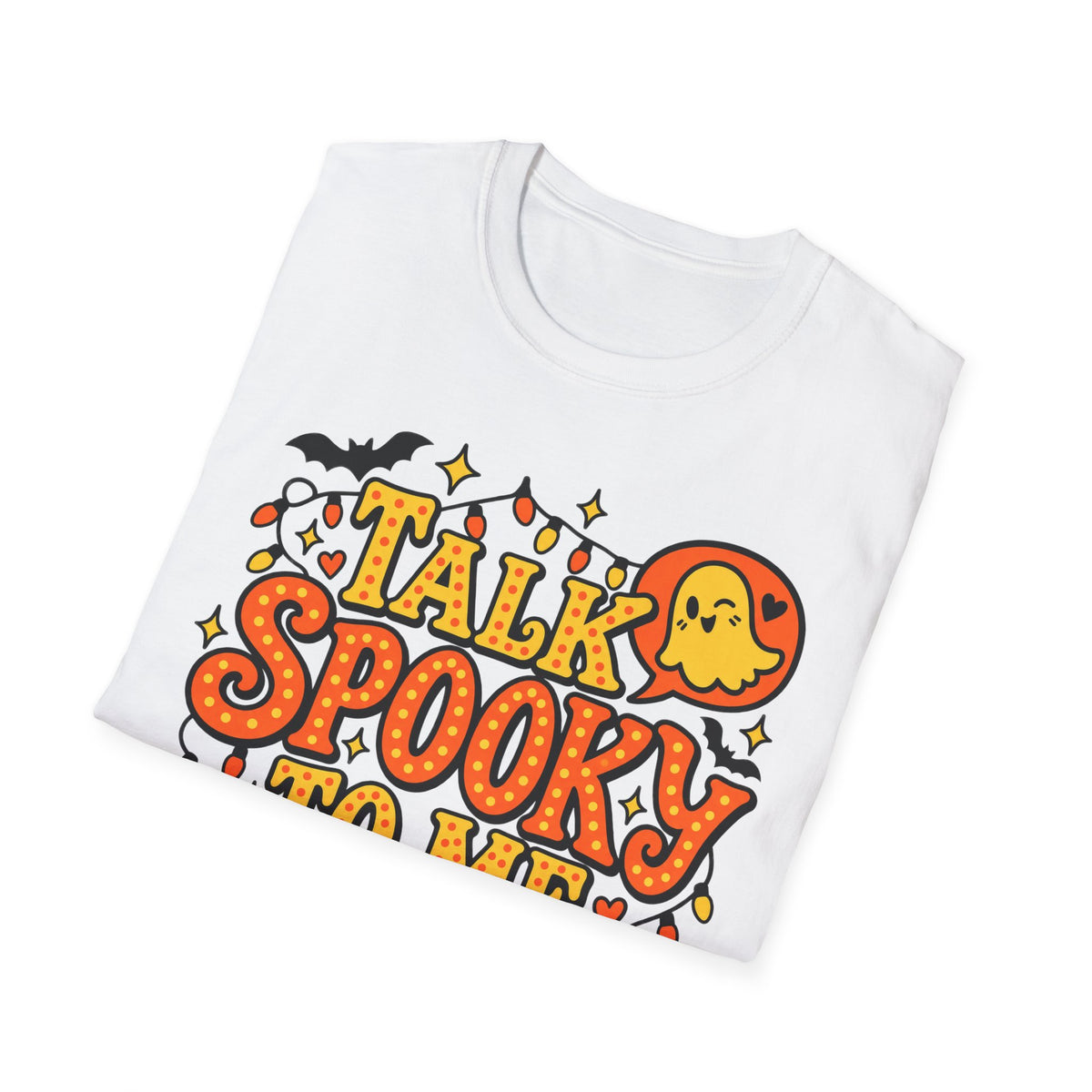 White crew-neck Halloween T-shirt with colorful “Talk Spooky” ghost graphic
