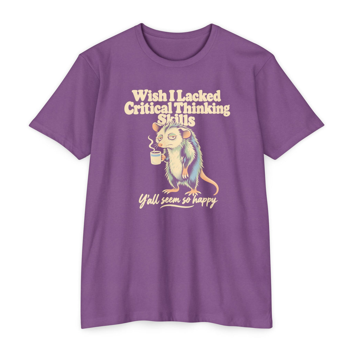 Lavender purple t-shirt with cartoon opossum holding a coffee cup graphic and slogan