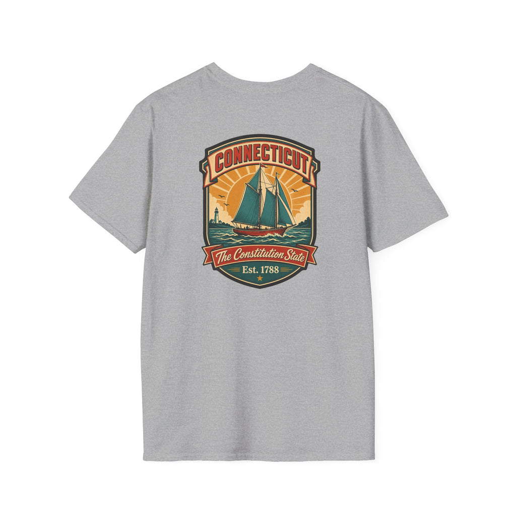 Light gray T-shirt with Connecticut badge sailboat graphic on the chest