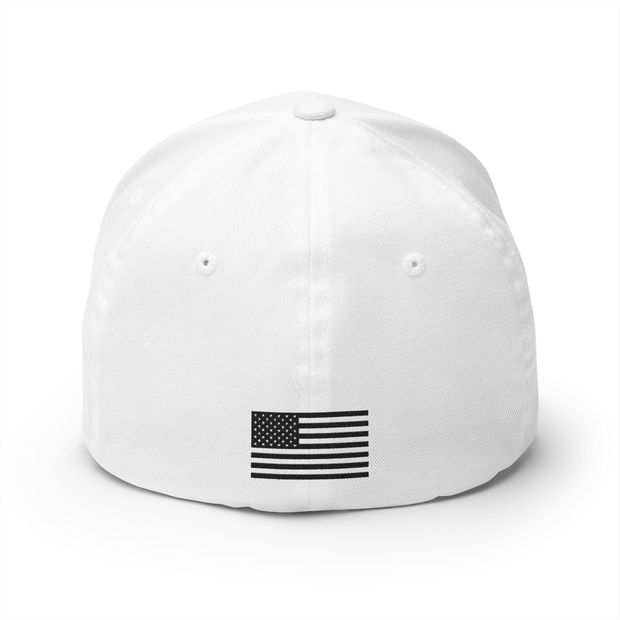 White embroidered baseball cap with American flag emblem on front