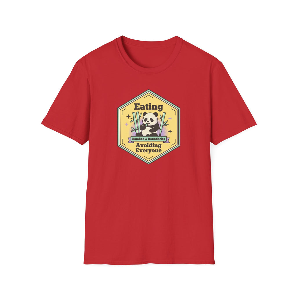 Unisex softstyle T-shirt, red, panda graphic on front, crew neck
