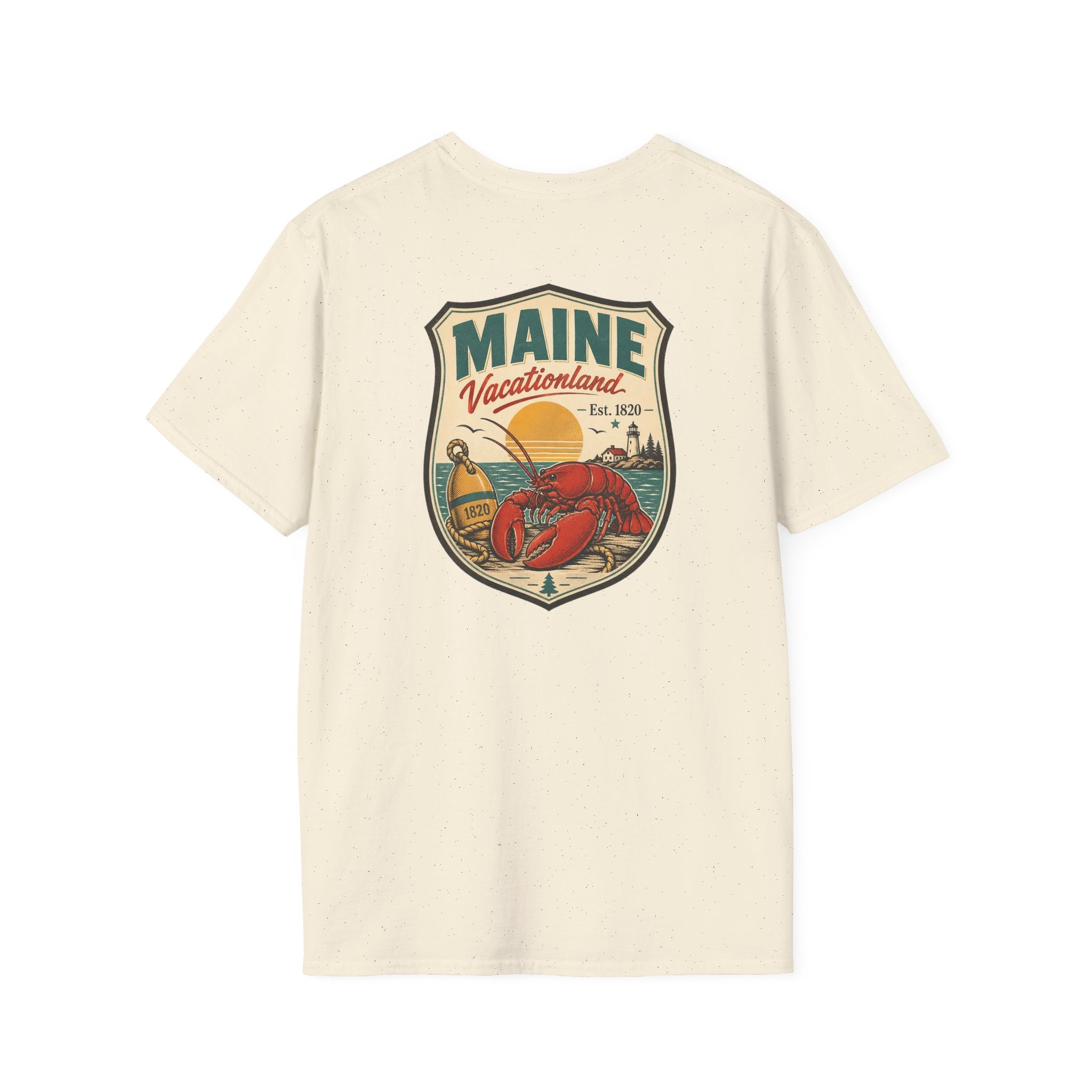 Natural cream Maine graphic T-shirt with shield logo and lobster artwork on chest