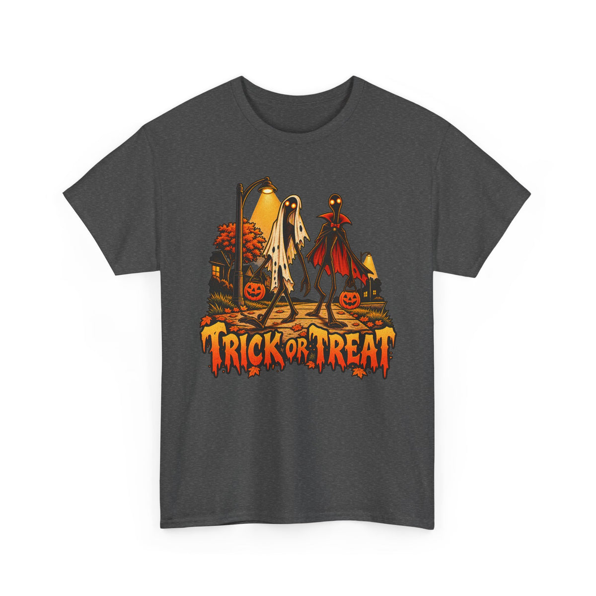 Charcoal gray Halloween T-shirt with ghost, vampire and 'Trick or Treat' front graphic