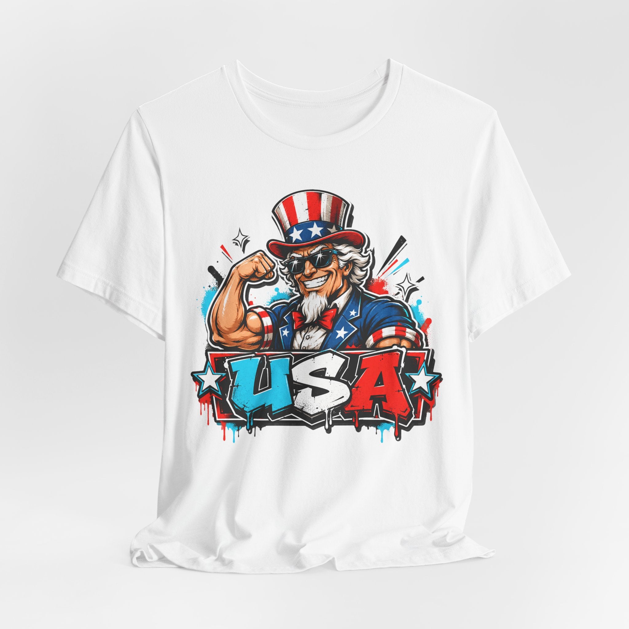 Men's white graphic T-shirt with Uncle Sam hat and bold USA logo