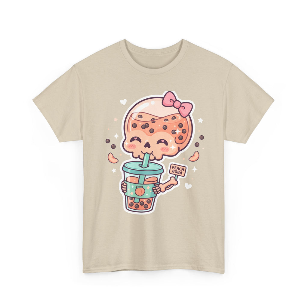 Natural T-shirt with bubble tea skull graphic and peach boba sign