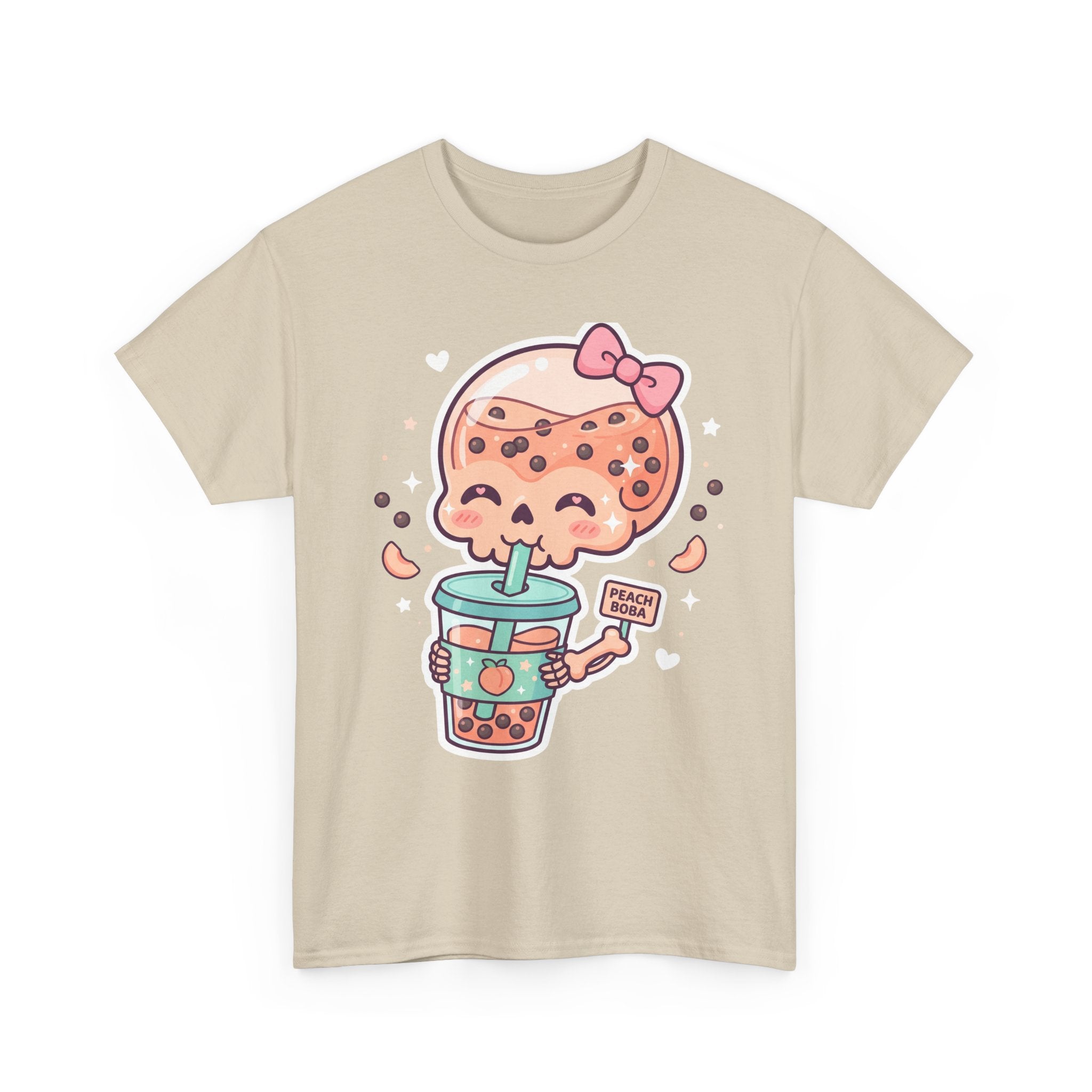 Natural T-shirt with bubble tea skull graphic and peach boba sign