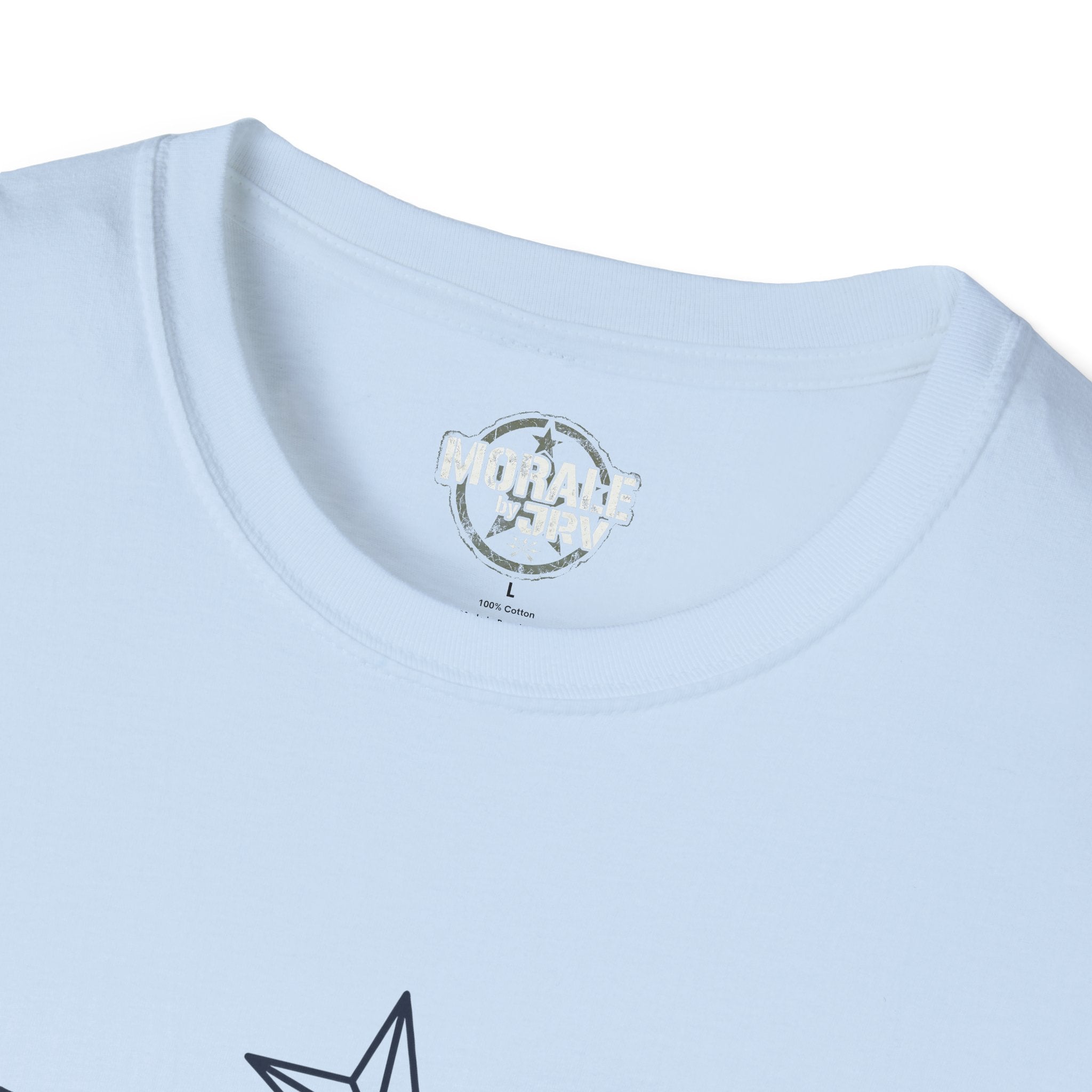 Light blue T-shirt close-up: crew neck collar shows “MORALE by TRJ” logo