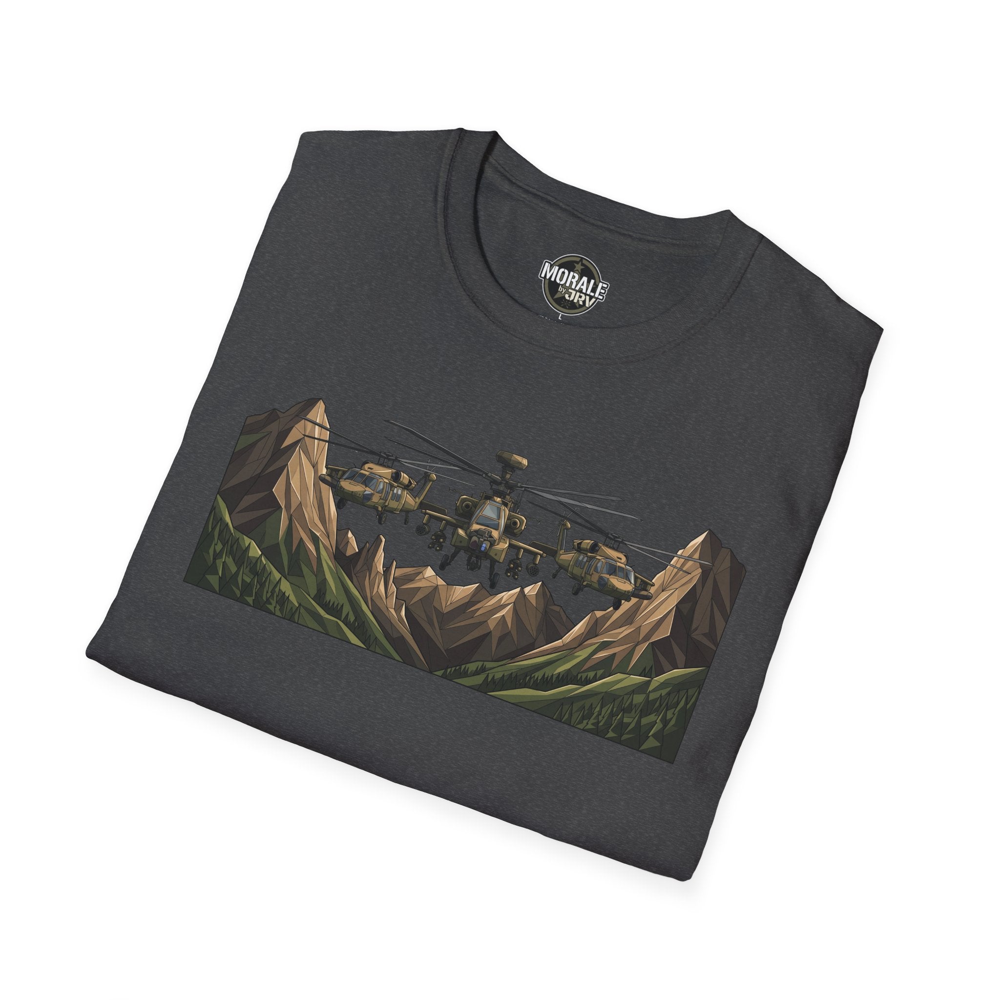 Dark heather graphic T-shirt with helicopters over mountain landscape