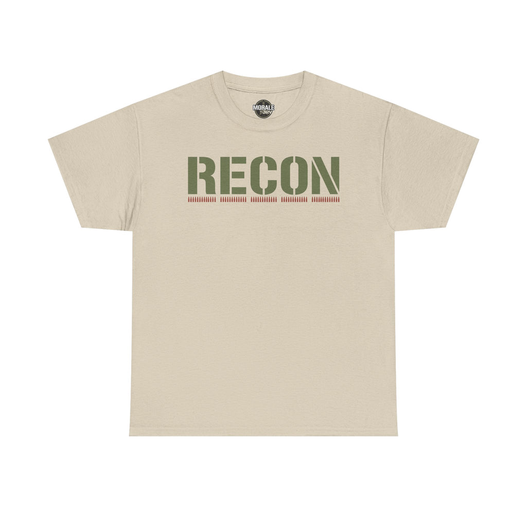 Beige T-shirt with RECON stencil graphic and green camo-style lettering across chest