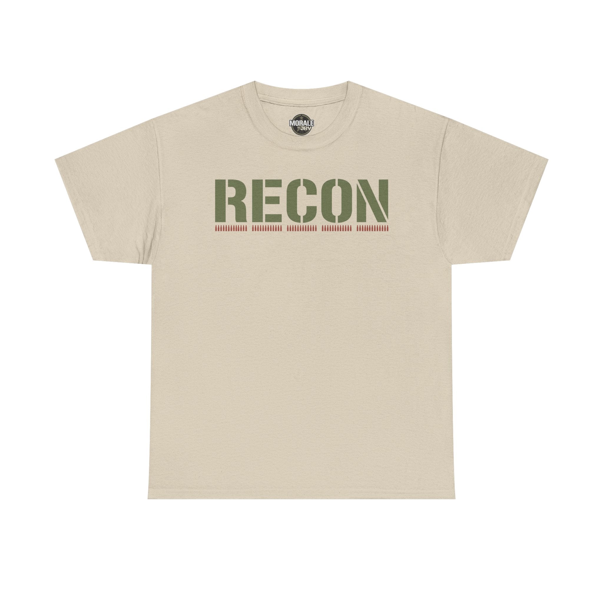 Beige T-shirt with RECON stencil graphic and green camo-style lettering across chest