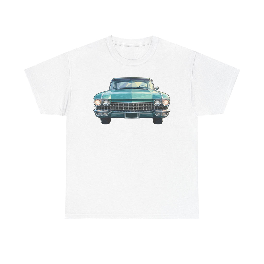 White crew-neck T-shirt with front car illustration graphic