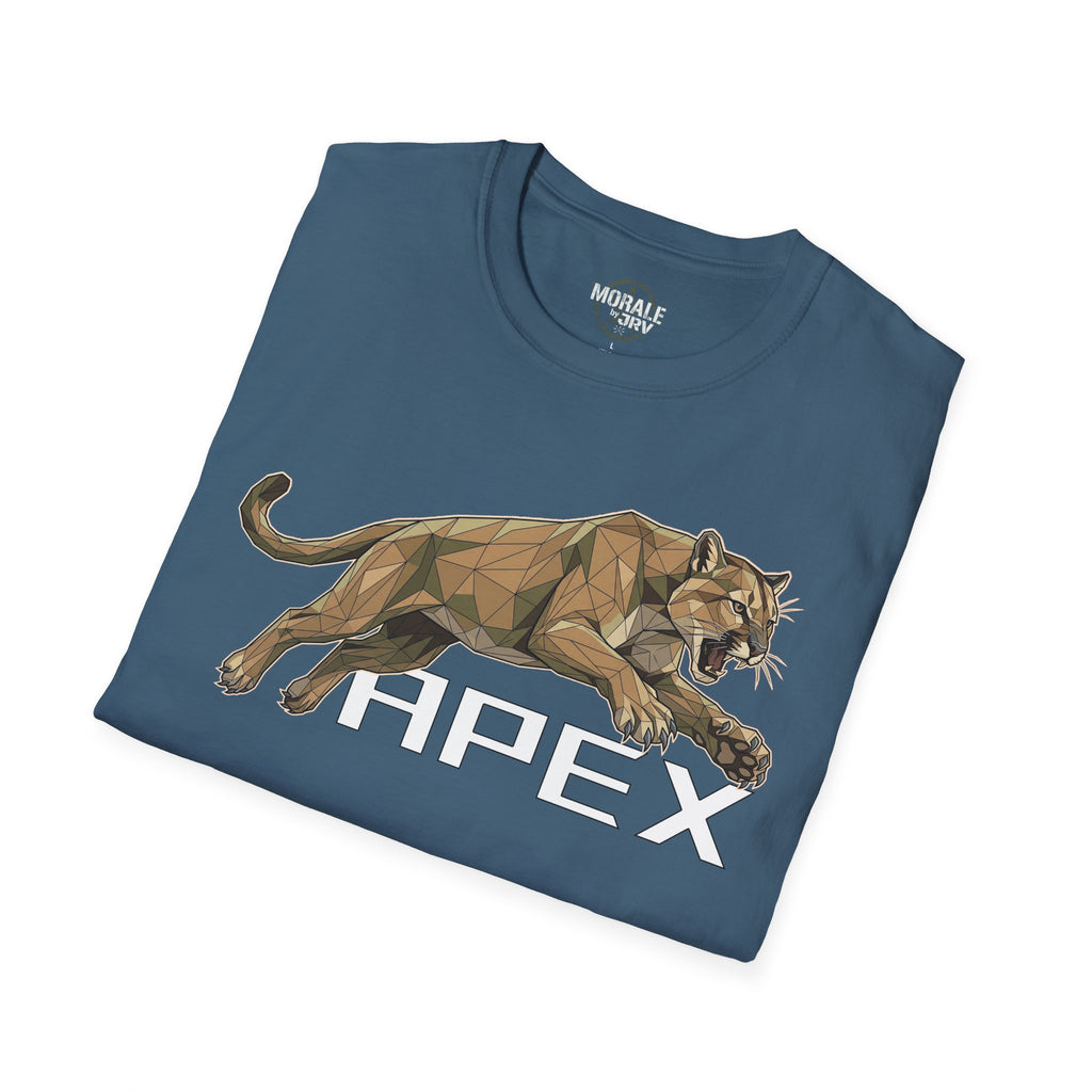 Leaping Cougar graphic tee, indigo blue, geometric cougar with “HPEX”